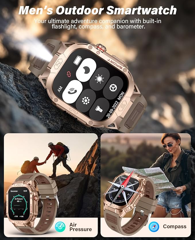 SOUYIE Military Grade Smart Watches for Men LED flashlight, Blood Pressure/Heart Rate/SpO2/Sleep, 500mAh Large capacity battery, Waterproof Rugged Fitness Tracker Compatible with Android and iOS Phone