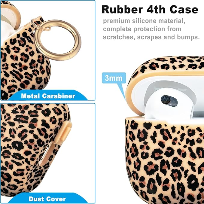 Silicone Leopard AirPods 4 Case 2024, Gawnock Case Cover for Apple Airpods 4th Generation Print Soft Flexible Cover for Air Pod 4th Women Girls, Skin with Keychain - Leopard Khaki