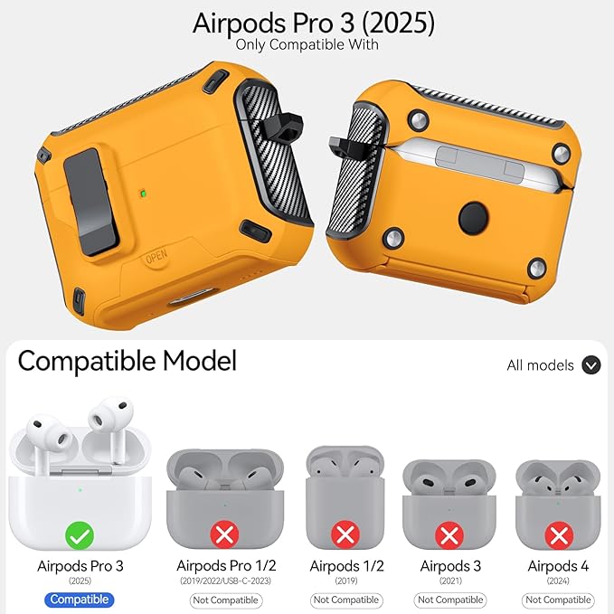 for AirPods Pro 3 Case (2025) with Phone Stand,（with Automatic Snap Switch） Carbon Fiber Design Protection Cover with Cleaning Pen,Yellow