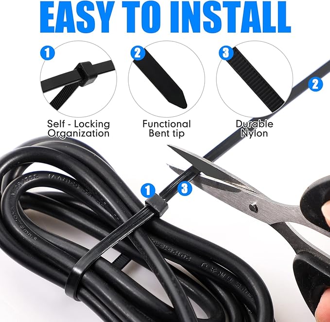 3000 Pieces Cable Zip Ties Bulk Heavy Duty Cable Ties Nylon Tie Wraps Self Locking Wire Ties for Plants Gardening Farming Grid Wall Fence Indoor and Outdoor(Black, 8" (27lb))