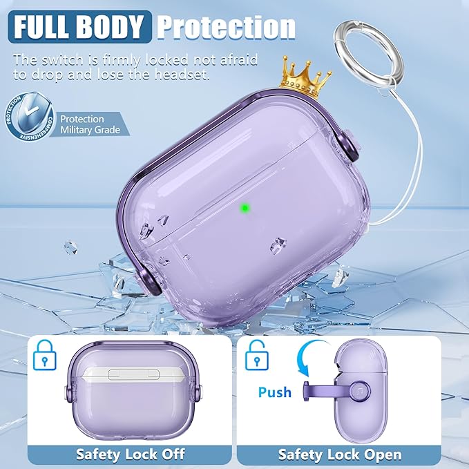 for Airpods Pro 3 Case,Safety Lock Cases for Apple Airpod Pro 3 (2025) with Phone Stand & Cleaner Kit,Drop Protection Air pods Pro3 Case Cover for Men Women with Keychain,Clear Purple