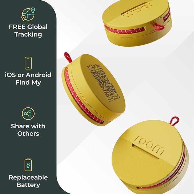 Roam Smart Tracker | Smart Bluetooth Item Finder Compatible with iOS & Android | Built-in Elastic Strap, QR Lost & Found | Replaceable Battery | No Subscription | 4-Pack, Black, Blue, Yellow & Gray