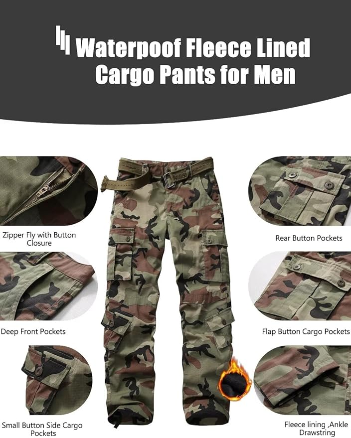 KOCTHOMY Men’s Fleece Lined Hiking Pants,Winter Outdoor Thermal Casual Work Cargo Pants with Multi Pockets, No Belt.