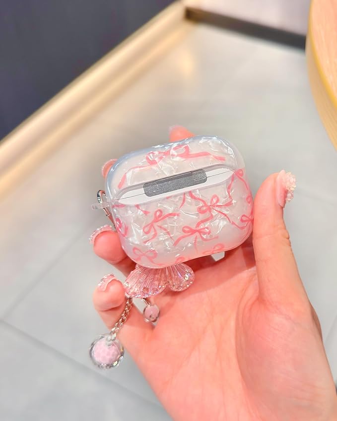 Compatible with AirPods 3rd Generation Case Cute, Shell Pattern Shockproof Protective Cover for Girls Women with Butterfly Keychain Designed for AirPod 3rd Gen 2021, Pink Bow