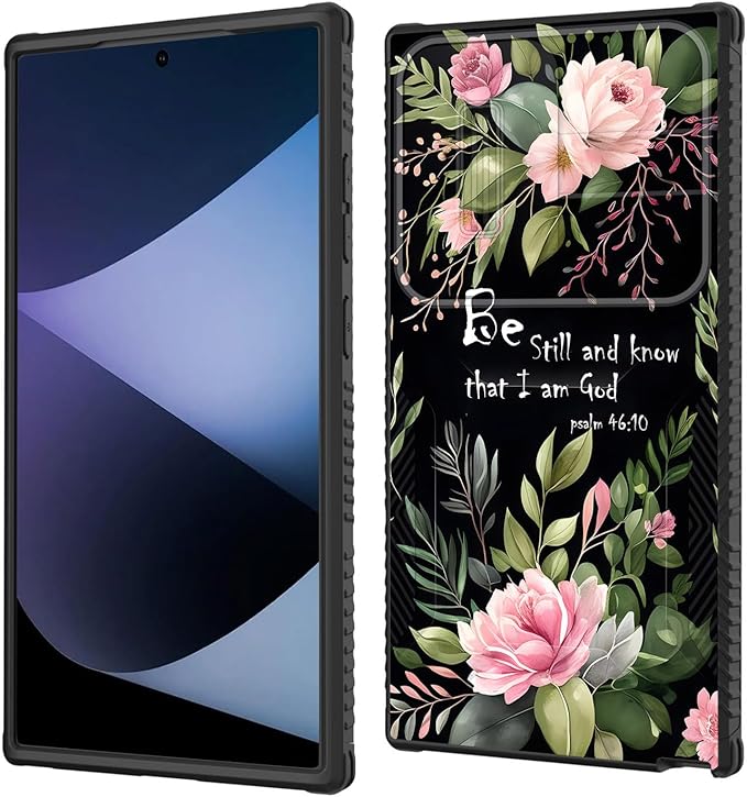 for Galaxy S25 Ultra Case Built in Slide Camera Lens Cover,Heavy Duty Shockproof Protection Dual Layer Case for Samsung Galaxy S25 Ultra 6.9" 2025,Flower Bible Verse Psalm 46:10