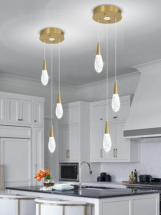 3-Lights Crystal Pendant Light Kitchen Islan Gold Hanging Chandelier Teardrop Crystal Pendant Light Fixture for Dining Room, Living Room,Kitchen lsland, Foyer