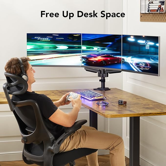 HUANUO Triple Monitor Mount for 13-27 inch Computer Screens, Gaming 3 Monitor Desk Mount with Arm Holds 17.6lbs, Triple Monitors Stand with Tilt, Swivel, Rotation, VESA 75x75, 100x100mm