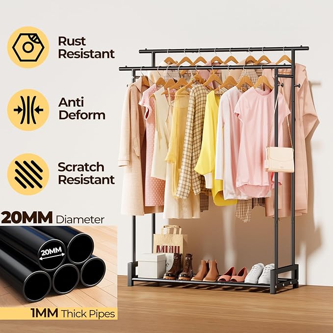 Clothes Rack for Hanging Cloth,Double Rods Metal Clothes Rack with Storage Shelf and Coat/Hat Hook, Freestanding Clothing Rack for Bedroom, Laundry, Cloakroom, Black