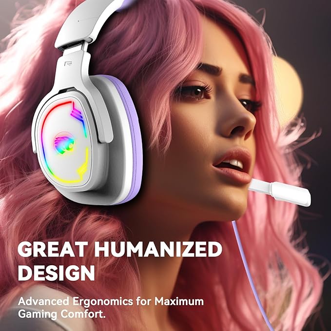 Gaming Headset for PC/PS4/PS5/Xbox One/Switch, Stereo Surround Sound Gaming Headphones with Noise Canceling Flexible Mic, Computer Headset with 3.5mm Jack & RGB Light (WhitePurple)