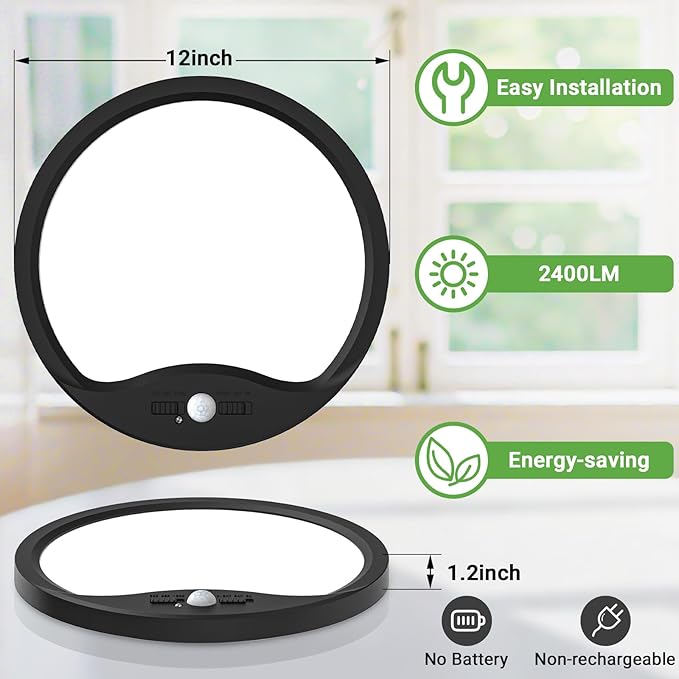 zemty 2Pack 12inch Motion Sensor Ceiling Lights Wired, 24W 2400lm 3CCT/3 Mode/30-120s Timer, Bright Black LED Flush Mount Light Fixture Motion Activated for Closet Pantry Hallways Stairwells Garage
