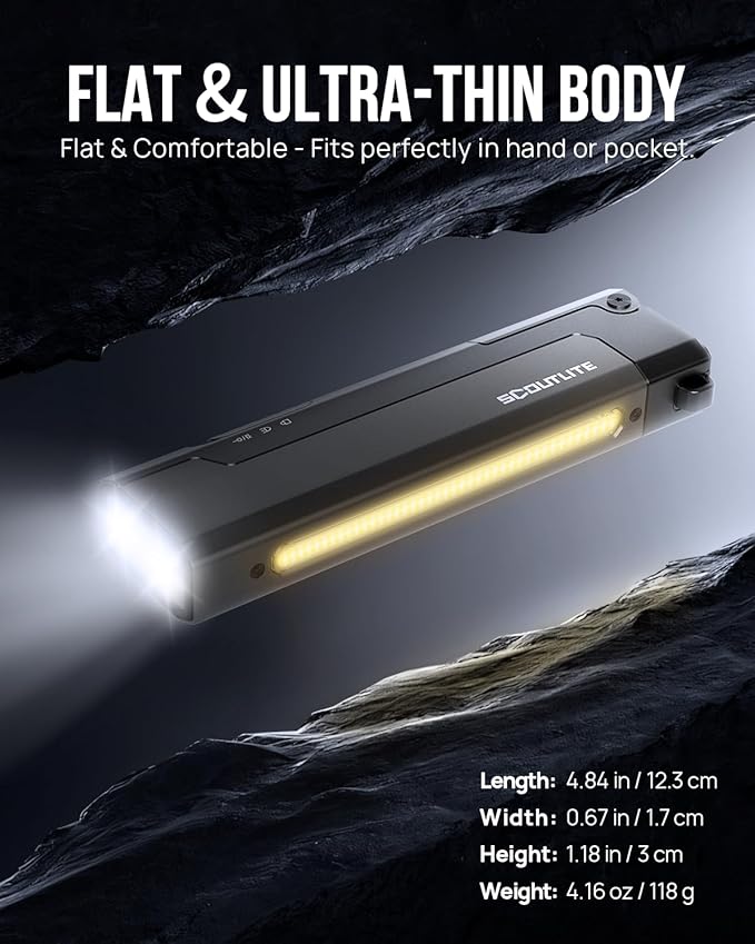 SCOUTLITE Vario GB 2000 EDC Flashlight with Green Beam, White and Warm LED Combo, 2000 Lumens Compact Magnetic Flat Pocket Lights, Triple Sources for Ourdoor Camping Inspection Emergency Work (Black)