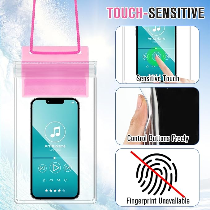 Flutesan 50 Pack Clear Waterproof Phone Pouch Universal Waterproof Phone Case Waterproof Pouch Dry Bag with Lanyard for Water Games Protect(Transparent and Pink)