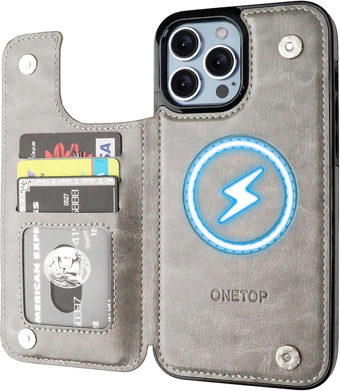 ONETOP Compatible with Magsafe for iPhone 13 Pro Max Wallet Case with Card Holder, PU Leather Kickstand RFID Blocking Case, Double Magnetic Clasp and Durable Shockproof Cover 6.7 Inch (Grey)