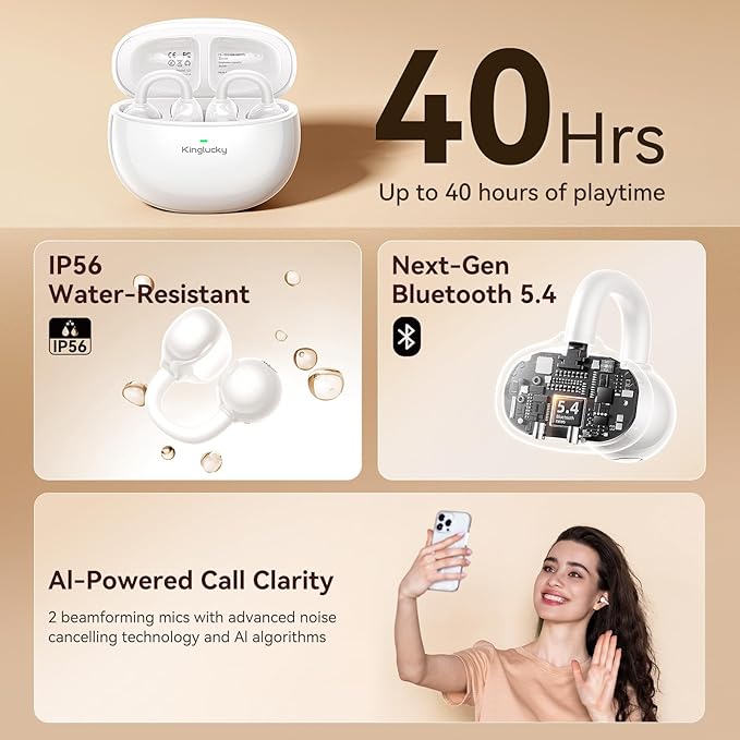 Kinglucky Clip-On Earbuds Comfortable fit & Crystal-Clear Sound, 40H Playtime Open Ear Buds Bluetooth 5.4 Wireless Headphones for Women Ideal for Small Ears,Sports,Workouts,Glasses White