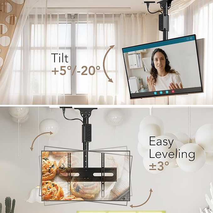 AX WABER Ceiling TV Mount with Power Outlet for 27-65 inch Flat Screen Displays, Max VESA 400x400mm, Hang Adjustable Ceiling TV Bracket Fits Most LCD LED TVs, Pole Ceiling Mount Holds up to 110lbs