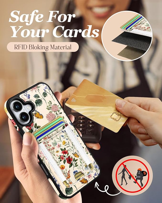 Shorogyt for iPhone 16 Plus Wallet Case - Fits 5 Cards, Compatible with Magsafe Detachable Magnetic Credit Card Holder Leather Cardholder Cute Phone Cover Women Girls for Apple 16Plus, Floral