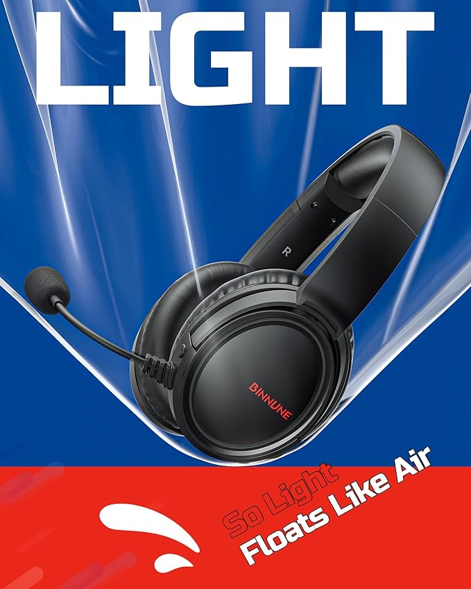 BINNUNE Wireless Gaming Headset with Mic, Lightweight Over-Ear Gaming Headphones Comfort for Long Gaming Sessions, Low Latency Wireless + Bluetooth, Noise Cancelling Mic, 50mm Drivers, 40H Battery