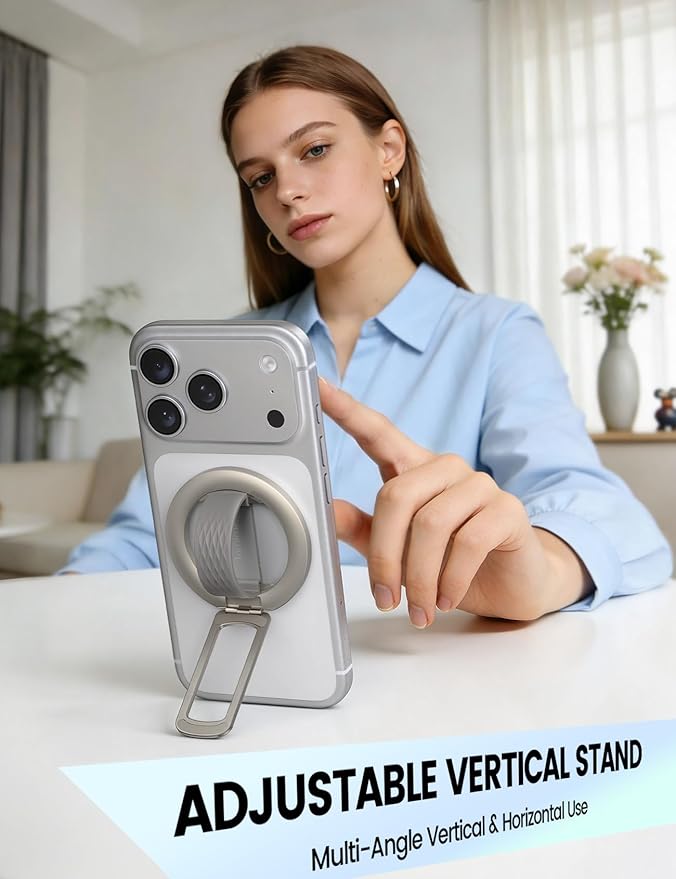 Lamicall Magnetic Phone Grip Holder for MagSafe - [Soft Silicone Loop] Vertical Cell Phone Zinc Alloy Ring Stand Kickstand, Magnet Hand Grip Mag Safe Accessories for iPhone 12-17 Series, Titanium