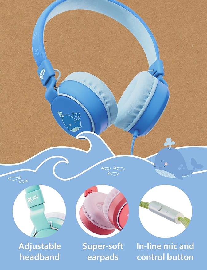 Planet Buddies Whale Kids Headphones Wired, On Ear Headphones for Todler, 85db Volume Limited, Safe Foldable Earphones for Kids with Microphone, Childrens Headset for School/Tablet/Travel - Blue