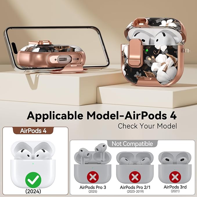 for AirPods 4 Case, with Safty Lock & Phone Stand for Floral AirPods 4th Generation Case Cover for Women Girly, iPod 4 Case with Keychain & Cleaner Kit - Black Gold Flower