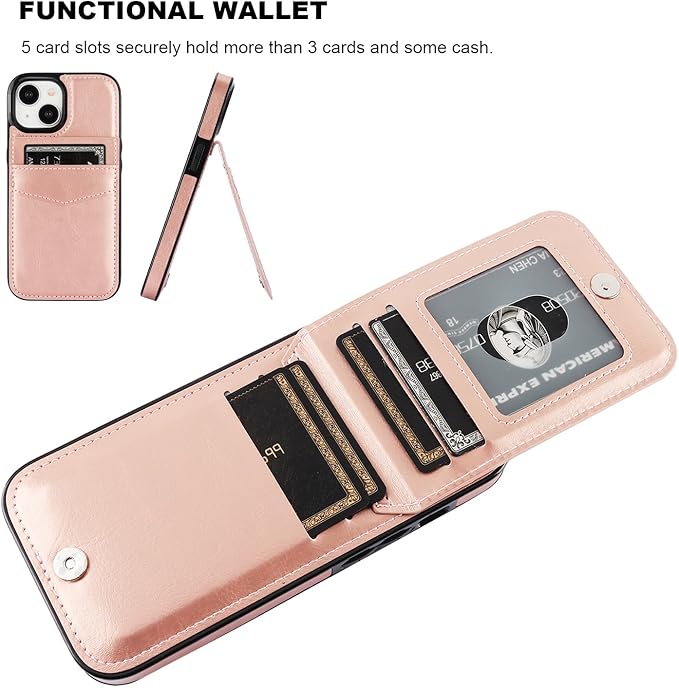 KIHUWEY Compatible with 15 Case Wallet with Credit Card Holder, Flip Premium Leather Magnetic Clasp Kickstand Heavy Duty Protective Cover for 15 6.1 Inch (Rose Gold)