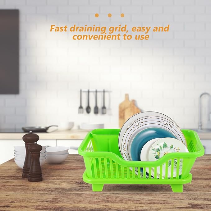 Multifunction Kitchen Cutlery Holder Plastic Tableware Draining Rack with Side Drain Tray for Bowls Plates Milk Bottles Sink Organizer in Green Medium
