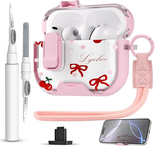 for AirPods Pro 3 Case(2025) with Secure Lock Clip and Phone Stand,Floral Girly Style Protective Cover with Cleaning Kit and Hand Strap for Apple AirPod Pro 3 Generation (Pink Bow)