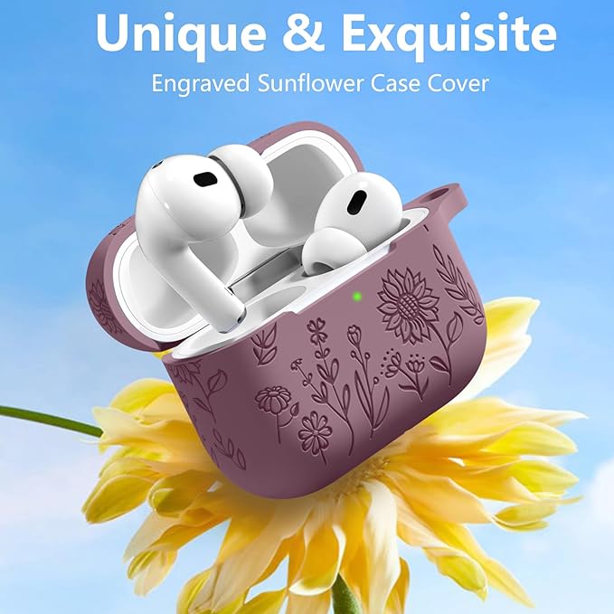 Hamile for AirPods Pro 2nd Generation Case with Cleaner Kit & Keychain, Cute Flower Engraved Soft Silicone Protective AirPods Pro 2 Case Cover for Apple AirPod Pro 2nd/1st Generation Smoky Purple