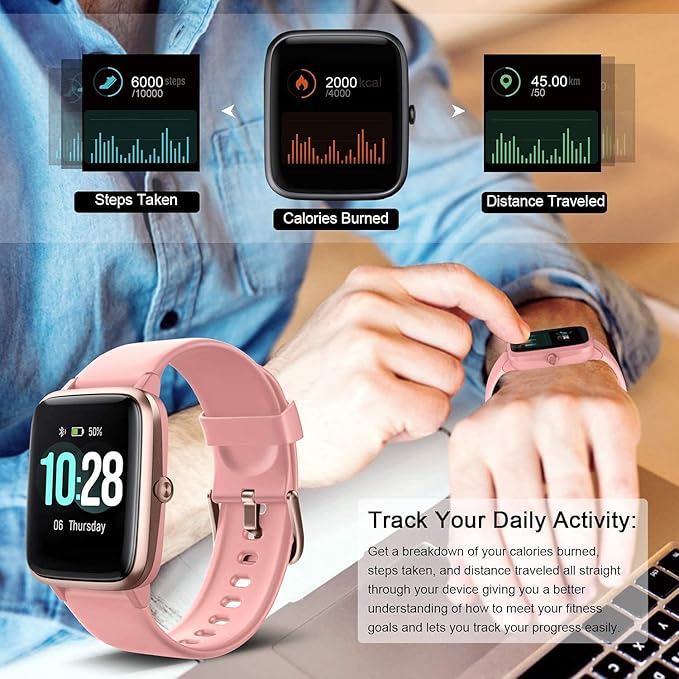 Smart Watch for iPhone/Android, Activity Fitness Tracker with IP68 Waterproof for Men Women, Smartwatch with 1.3" Full-Touch Color Screen, Step, Pedometer, Heart Rate Monitoring & Sleep Monitor, Pink