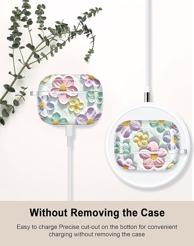 JIAXIUFEN Design for AirPods Pro 2 Gen 1 Gen Case Cover Retro Oil Painting Printed Flower Protective TPU Skin Accessories for Women Girl with Keychain, Mint Colorful