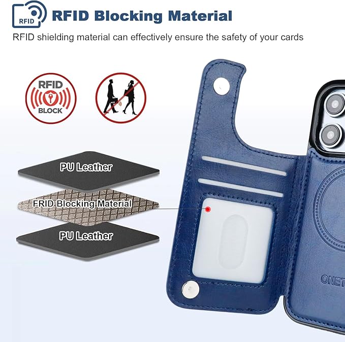 ONETOP Compatible with Magsafe for iPhone 13 Pro Wallet Case with Card Holder, PU Leather Kickstand RFID Blocking Case, Double Magnetic Clasp and Durable Shockproof Cover 6.1 Inch (Blue)