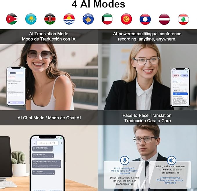 AI Smart Glasses, Powered by GPT, Support 165+ Languages Translation, Multi-Functional Translator, Noise Reduction & Photochromic Lenses, Unisex Bluetooth Glasses for Work/Travel/Study