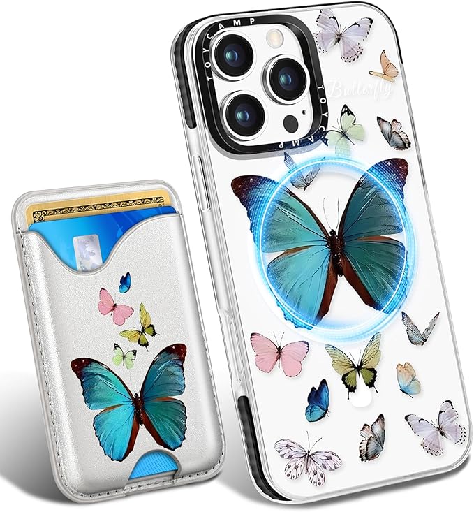 Toycamp for iPhone 16 Pro Max Case - Compatible with Magsafe Credit Card Holder Wallet Magnetic Cute Women Teen Girls Kawaii Girly Unique Butterfly Design Phone Cover for Apple 16 Promax 6.7"