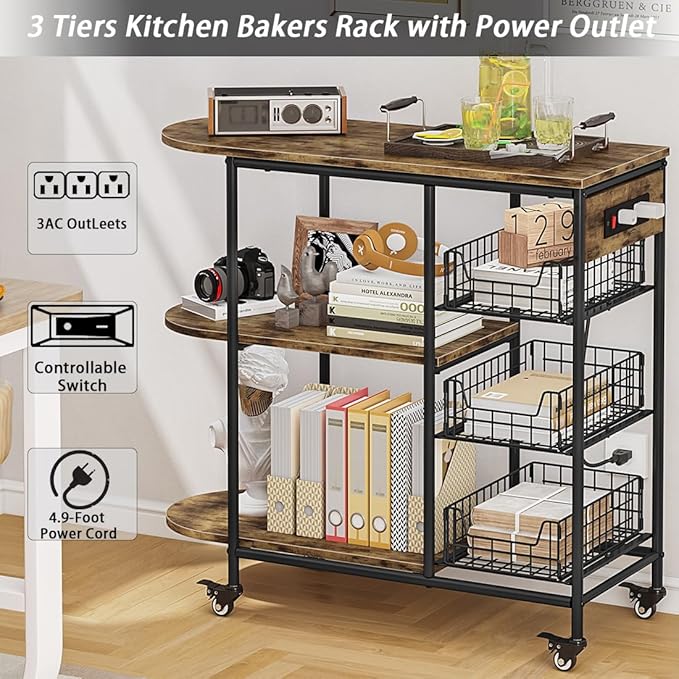 LINZINAR Kitchen Bakers Rack with Power Outlet Coffee Bar Table 3 Tiers Microwave Oven Stand with Wheels Pull-Out Wire Basket Kitchen Storage Shelf Rack for Spices Pots and Pans (Black, 3Tier)