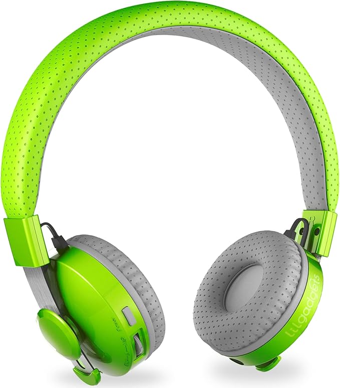 LilGadgets Kids Headphones with Microphone - Green, Ages 4+, On-Ear - Bluetooth Headphones for Kids - Volume-Limited 93dB & SharePort Audio Sharing - SoftTouch Ear Cushions