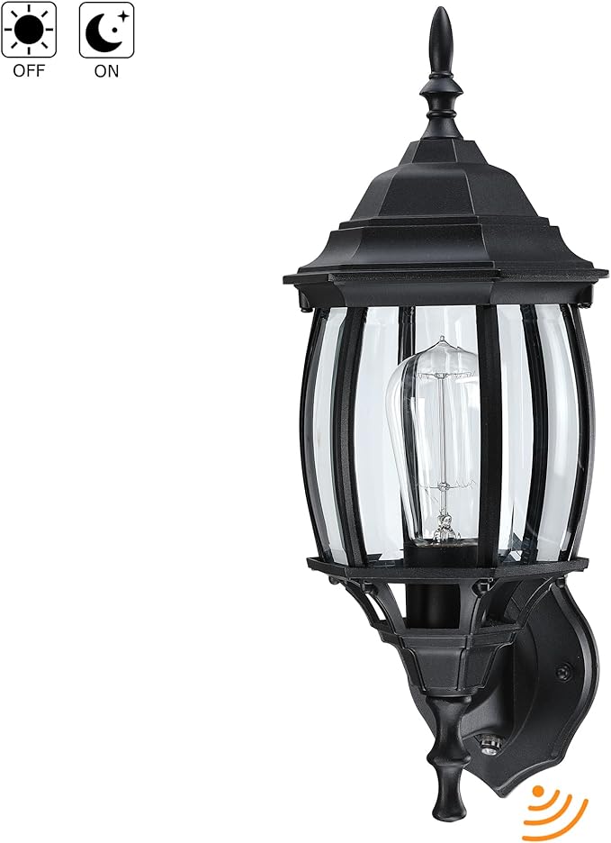 2 Pack Black Dusk to Dawn Outdoor Wall Lights - 16.8 Inch Garage Side Light for House Outside Dusk to Dawn Wall Lantern, Black Vintage Porch Sconce Light for Front Door,Entrance,Balcony,E26