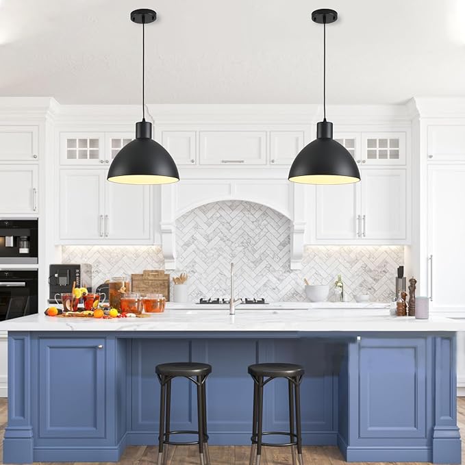 Black Pendant Lights Kitchen Island, 12 Inch Metal Dome Pendant Light, Vintage Industrial Farmhouse Pendant Light Fixture Hanging Lights for Kitchen Island, Dining Room, Cafe, Bar, 2 Pack