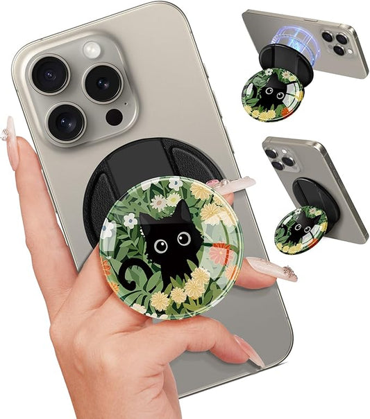 Kidcube Magnetic Phone Grip Compatible with Magsafe - Cell Phone Grip Stand Ring Holder Magnet Kickstand Removable Accessories for iPhone 16 Pro Max/16/15/14/13/12 Series Cute Kawaii Flowers Cat