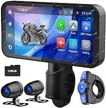 6.25" Portable Motorcycle Carplay/Android Auto (Included 128G SD Card) with GPS Navigation System, IP67 Waterproof HD Touch Screen, Dual Dash Cam, Remote Control, Siri, BT, Google Assistant