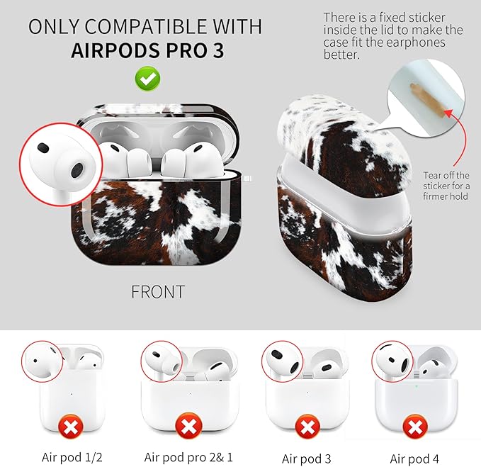 Cute Hard Case Compatible with AirPods Pro 3rd Generation Case (2025), Shockproof Protective Cover with Golden Keychain Ring Clip (Cute Cowhide Pattern)