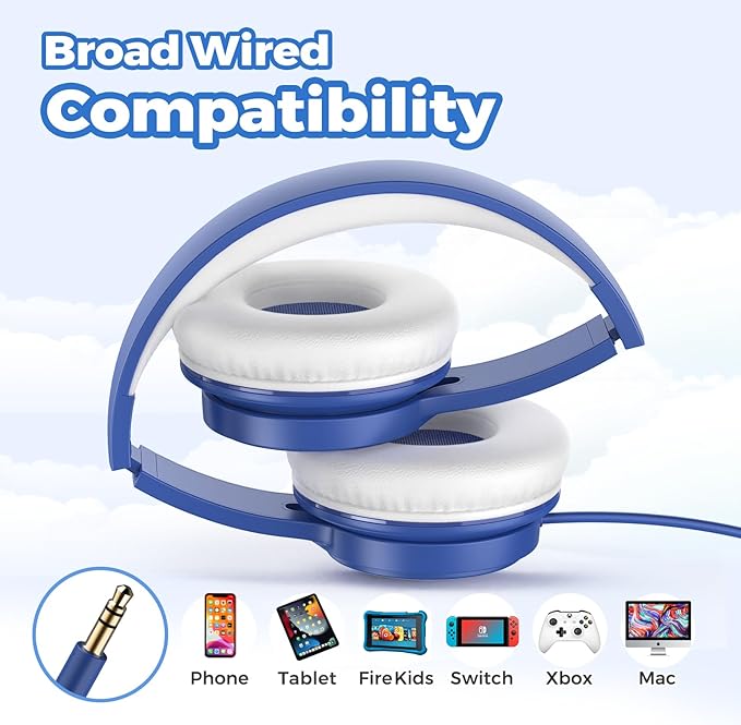 TuneFlux Upgraded Kids Headphones, Wired Toddler Headsets, 85dB Limited Volume On Ear Headphones, Portable Foldable Design, Stereo Sound Kids Headsets for School/Tablet/Travel-Sapphire Blue