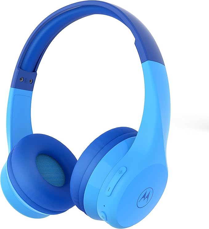 Motorola Sound JR300 Bluetooth Wireless Toddler Headphones with Microphone - Over Ear Kids Bluetooth Headphones with Safe Volume Limit 85dB, Audio Splitter for School, Home - Blue