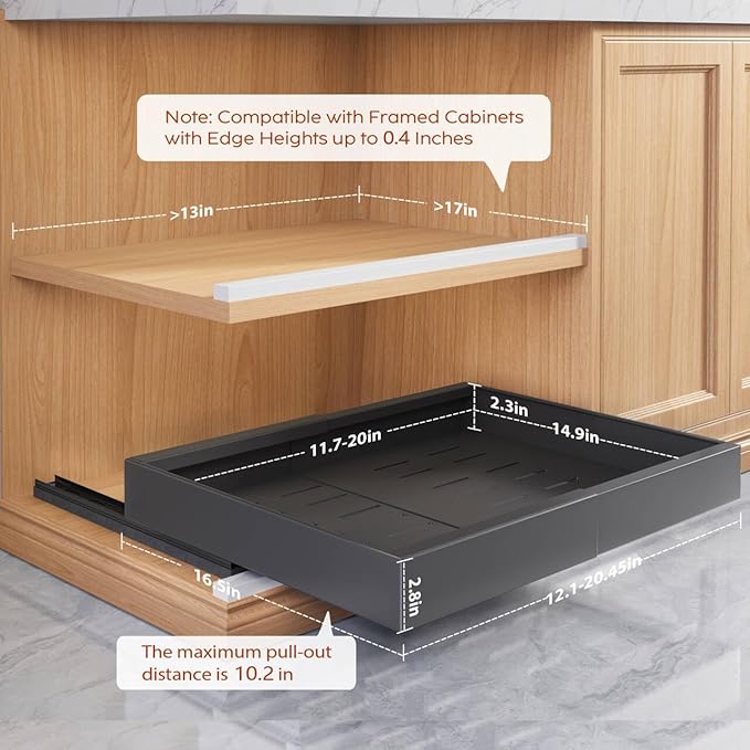 2 Pack Pull Out Cabinet Organizers 16.5" Deep With Raising Pad for Framed Cabinets,Expandable Slide Out Drawers Upgrade 3 Slide Rails,Roll Out Shelves,Adjustable Width 12.1"-20.45" Black