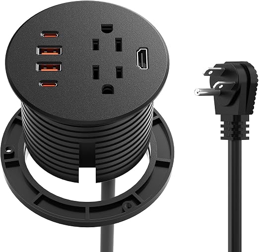 QBA Desk Power Grommet with HDMI, 35W USB-C Fast Charging, 3-1/4" Recessed Power Grommet, 2 Outlets, 4 USB Ports, Flush Mount for Furniture Cabinet Home Office, ETL Listed