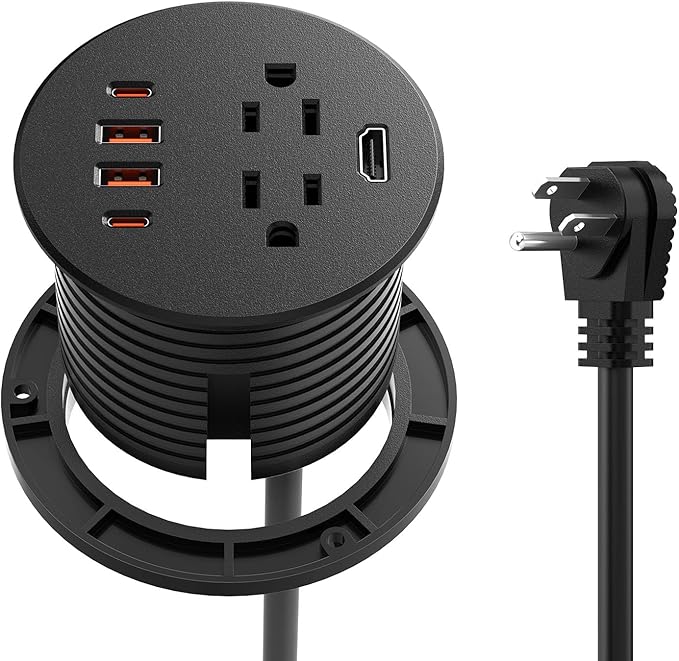 QBA Desk Power Grommet with HDMI, 35W USB-C Fast Charging, 3-1/4" Recessed Power Grommet, 2 Outlets, 4 USB Ports, Flush Mount for Furniture Cabinet Home Office, ETL Listed