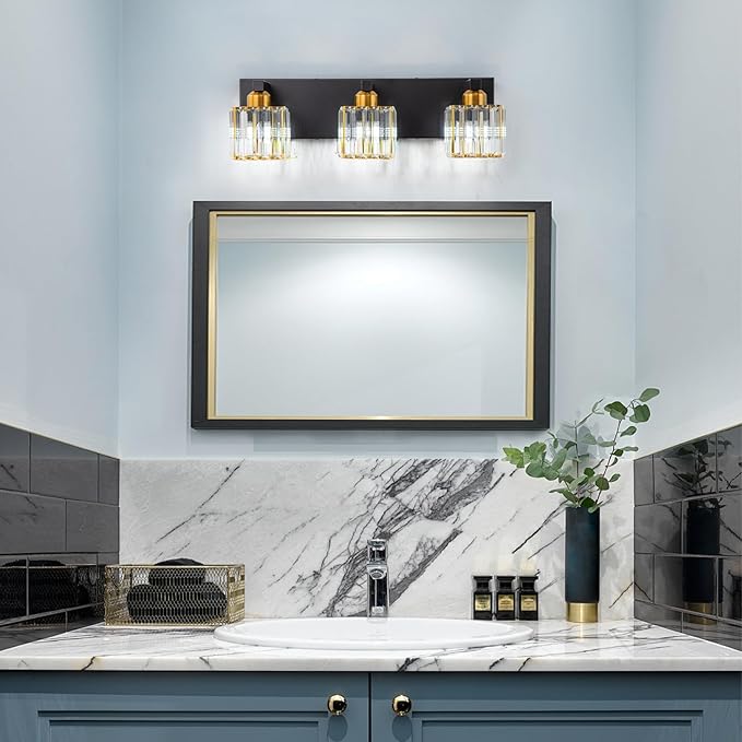 Black Gold Crystal Bathroom Vanity Light 3-Lights Modern Bathroom Lighting Fixtures Over Mirror, Wall Light Fixtures