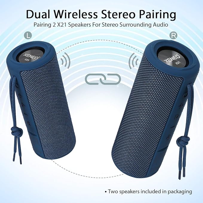 X21 Dual Portable Bluetooth Wireless Speakers Waterproof for Booming Stereo with FM Radio, Micro SD Card, IPX6, 30W for Outdoor, Home, Office, Party and Travel (Pack 2 Blue)…