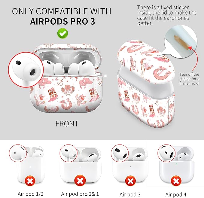 Cute Hard Case Compatible with AirPods Pro 3rd Generation Case (2025), Shockproof Protective Cover with Golden Keychain Ring Clip (Coquette Cowgirl)