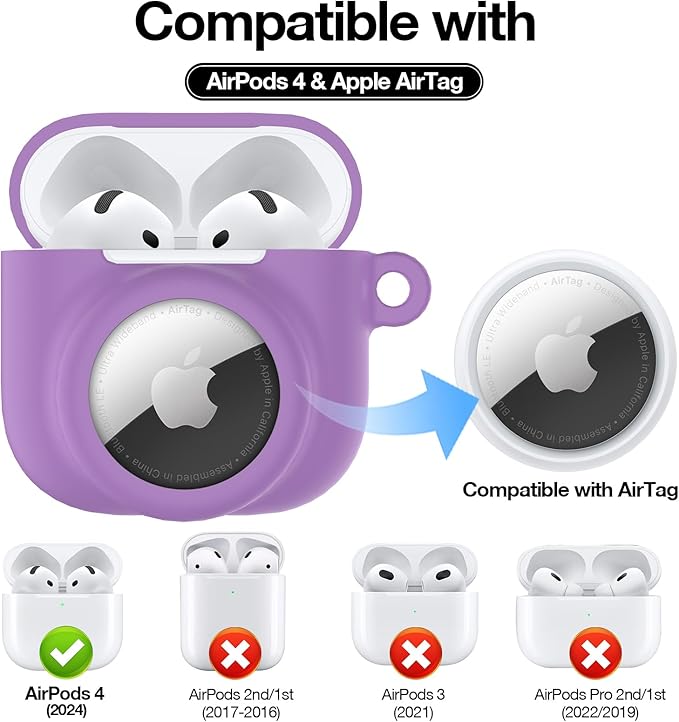 2 in 1 Silicone Case Compatible with AirPod 4 and AirTag 2/1, Shockproof Protective Skin Cover for AirPods 4th Generation with Cleaner Kit & Carabiner (Purple)