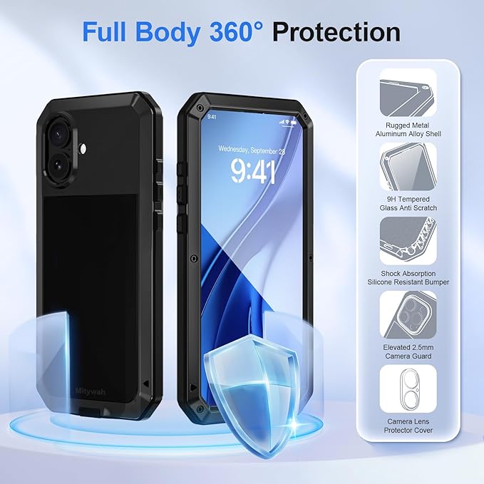 Mitywah Metal Case for iPhone 16 Plus, Heavy Duty Rugged Phone Case Built-in 9H Temperd Screen Protector, Military Grade Full Body Protective Dual Layer Bumper Protective Case for 16 Plus 6.7" Black